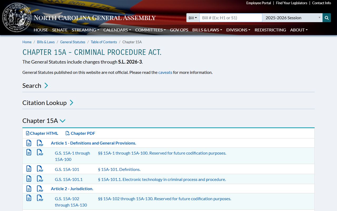 Alamance County criminal court records Chapter 15A criminal procedure statutes