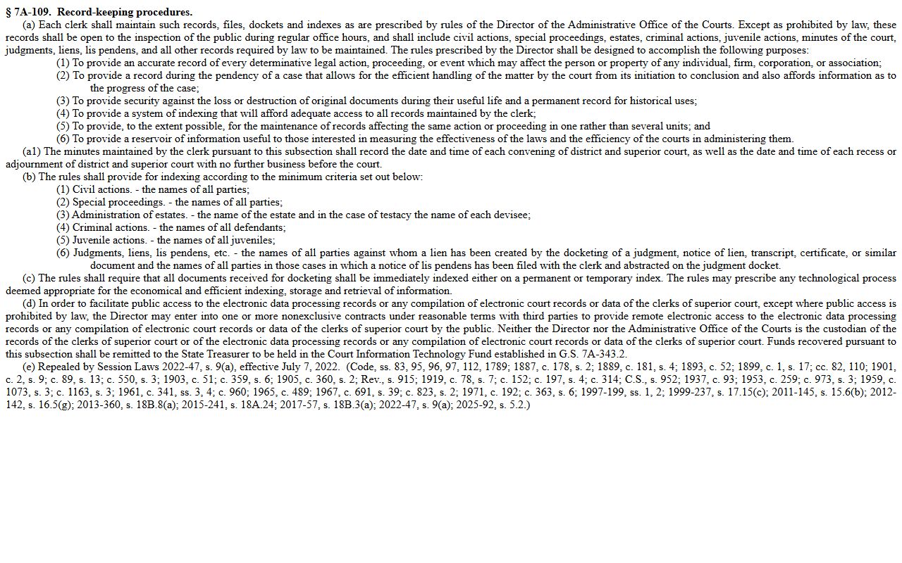 Alamance County criminal court records G.S. 7A-109 court record statute