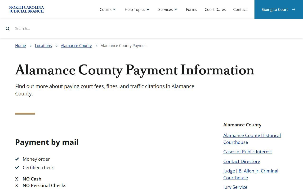 Alamance County court records payment information page