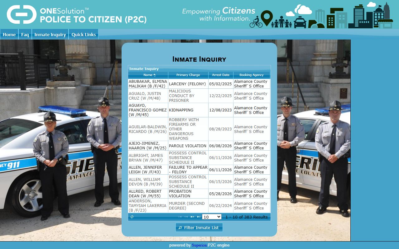 Alamance County inmate records P2C jail roster search