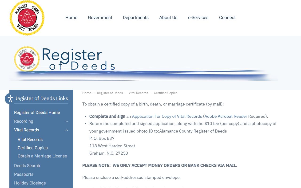 Alamance County marriage and divorce records Register of Deeds vital records