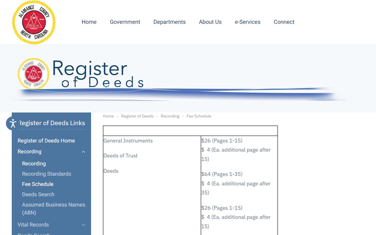 Alamance County probate records Register of Deeds fee schedule